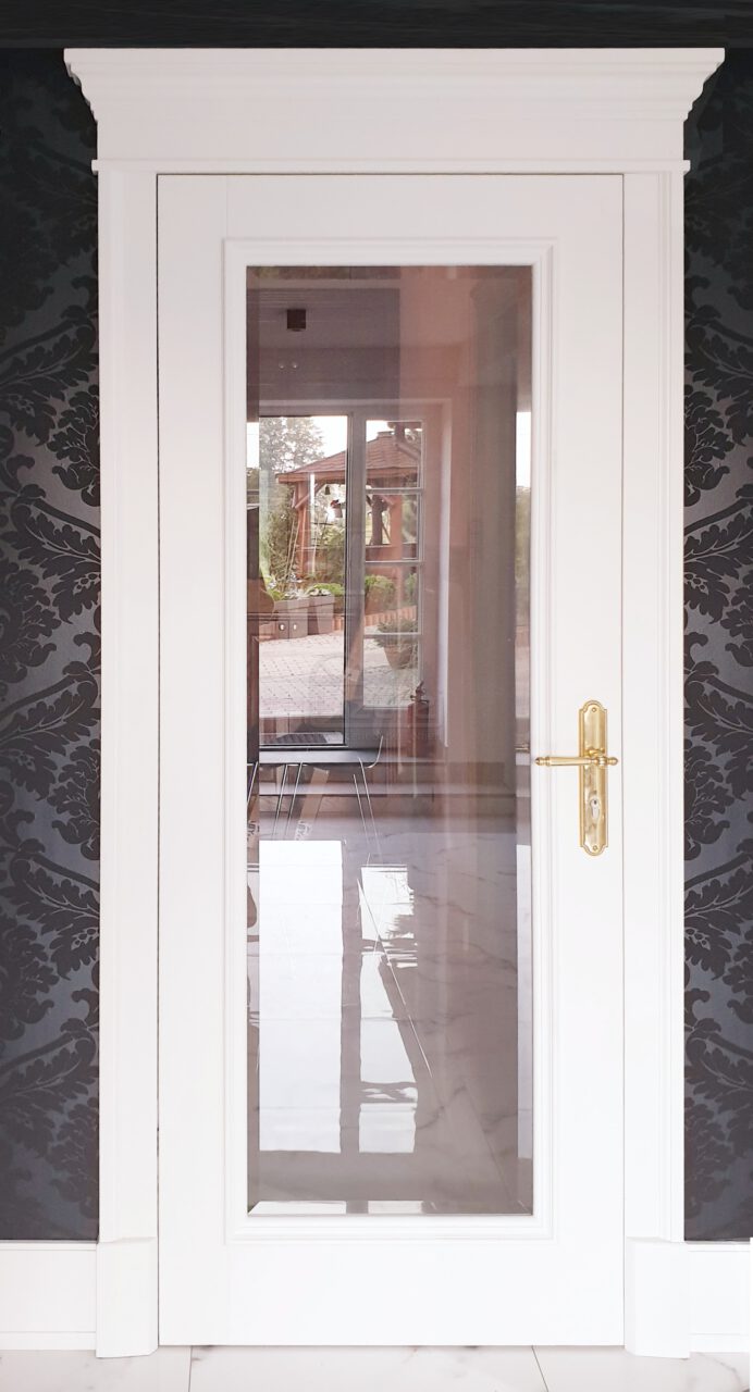 Drzwi wewnętrzne drewniane białe szklane kryształ z portalem Glamour LW535
